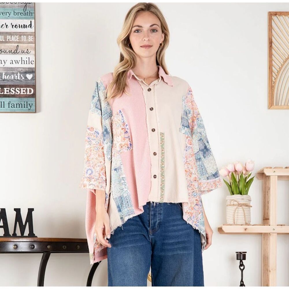 Blue Velvet Oversized Mixed Fabric Top in Pink-Beige Size S